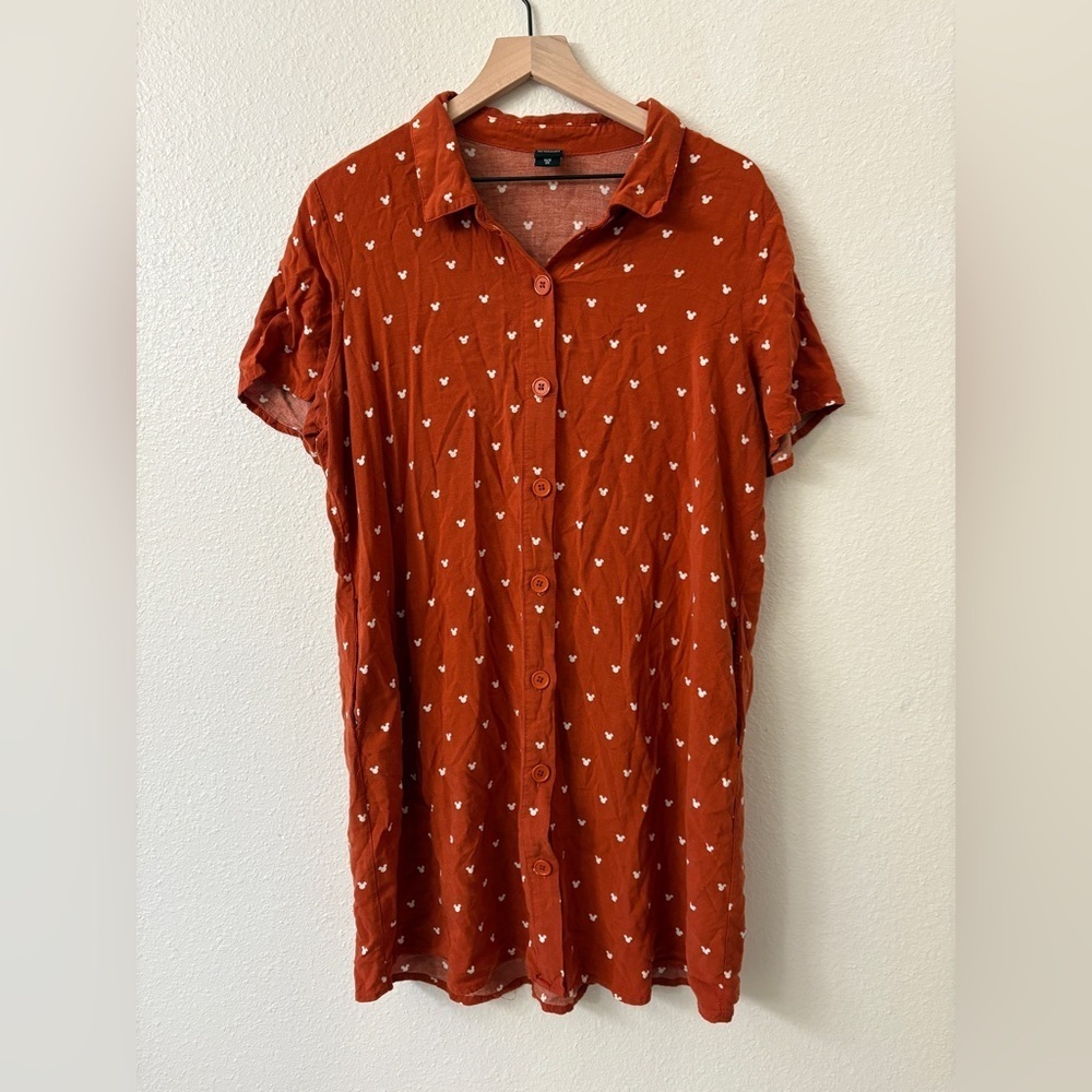 Disney Womens Shirt Dress Short Sleeve Button Down Mickey Mouse Orange Size 2X